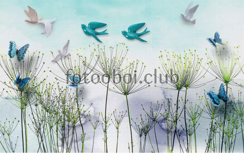 одуванчики, абстракция, 3д, 3d, дизайнерские, птицы, барельеф